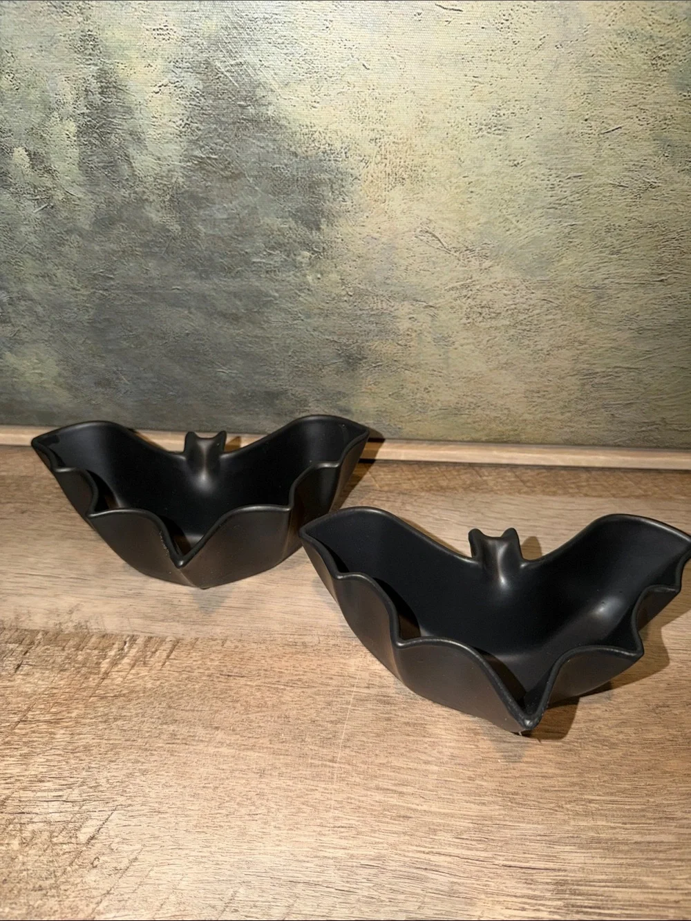 Pottery Barn Black and Cream Bat-Shaped Decorative Bowls